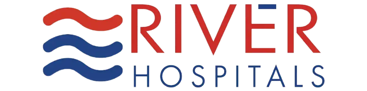River hospitals logo with blue waves and red text on a black background.