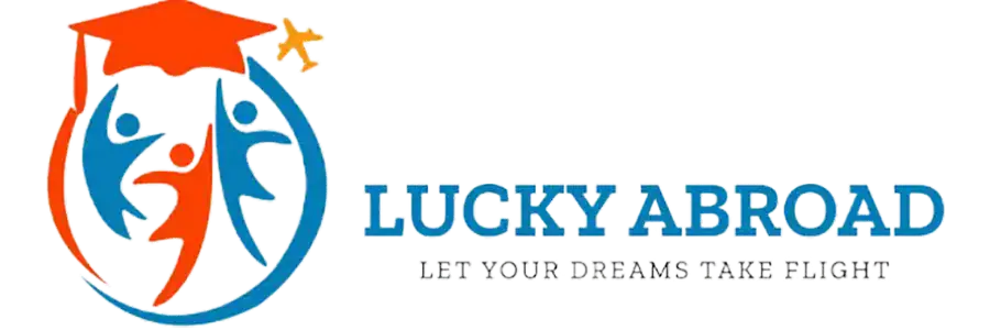 Graduation cap and happy students logo for Lucky Abroad study abroad program, international education, and global student travel services.