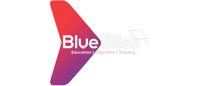 Vibrant Blue Bliss logo with education, migration, and training icons for career development and learning programs.