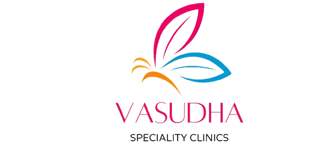 Vasudha Specialty Clinics logo with colorful butterfly design, emphasizing healthcare, wellness, and specialized medical services.