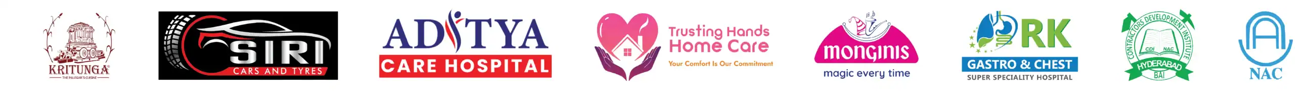 High-quality image featuring logos of various healthcare, hospital, and service providers including Aditya Care Hospital, Trusting Hands Home Care, and more for improved brand awareness and SEO.